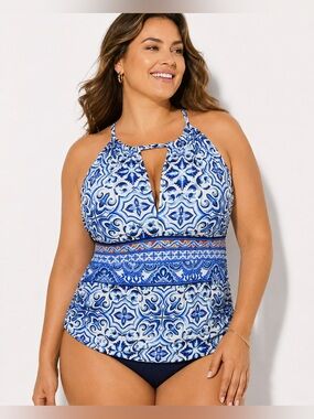 La Blanca Alboran Sea Keyhole Tankini Top 20W Blue Tile Tummy Control UPF 50+